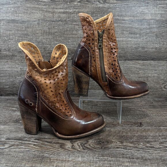 Bed Stu Shoes - Bed Stu Irma Ankle Boots Women's 7 Brown Leather Laser Cutout Block Heel Zip